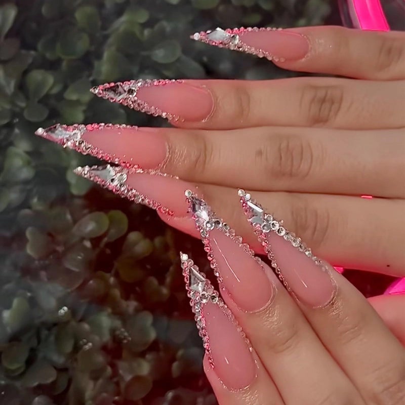 MISUD Press on Nails - Long Stiletto Glue on Nails with Bling Glitter, Acrylic Luxury Rhinestone Design 24 pcs - Image 1