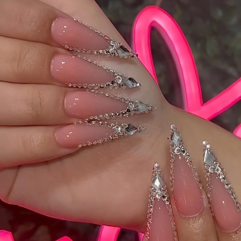 MISUD Press on Nails - Long Stiletto Glue on Nails with Bling Glitter, Acrylic Luxury Rhinestone Design 24 pcs - Image 2