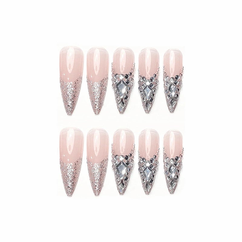 MISUD Press on Nails - Long Stiletto Glue on Nails with Bling Glitter, Acrylic Luxury Rhinestone Design 24 pcs - Image 4