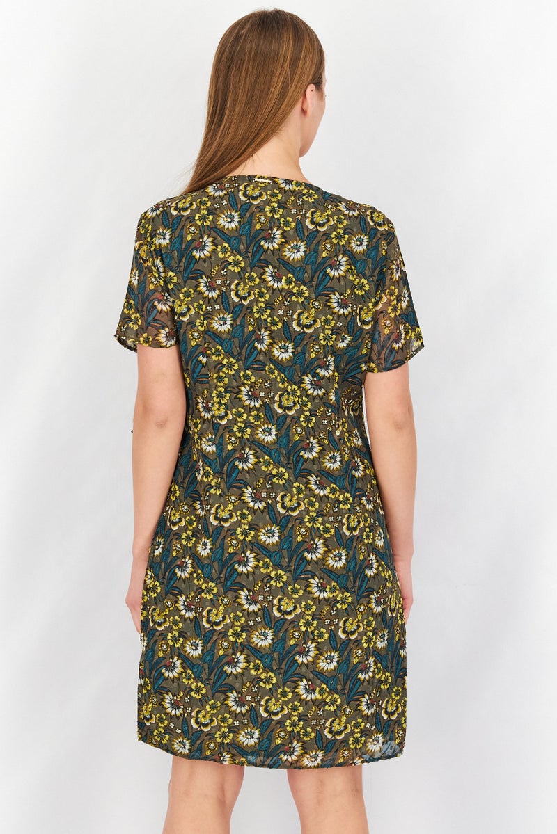 One Step Women Floral Short Sleeve Midi Wrap Dress, Dark Green Combo - Image 2