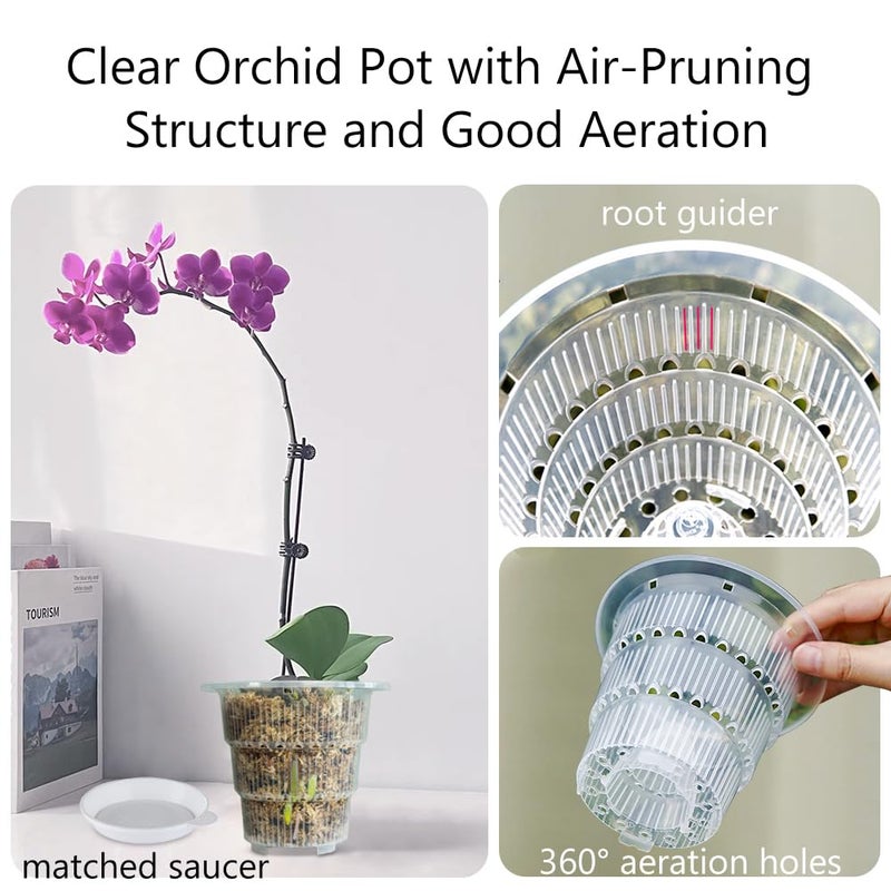 Meshpot 4 inch Clear Orchid Pots with Holes and Saucers for Repotting,Pack of 4,Small Plastic Orchid Planters Provide Good Air Circulation,Nursery Pots for Succulents,Herbs,Aloes,Mint - Image 2