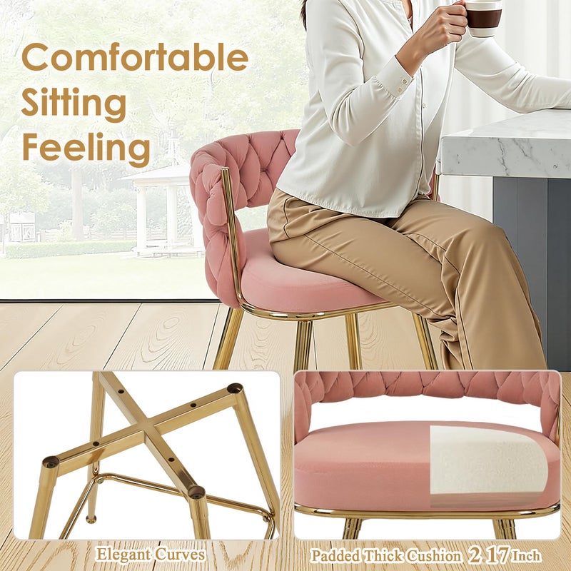 VECELO Bar Stools Set of 2, Counter Height Bar Stools, 26 inch Seat Barstools with Woven Back and Footrest for Kitchen Island Counter, Pink - Image 3