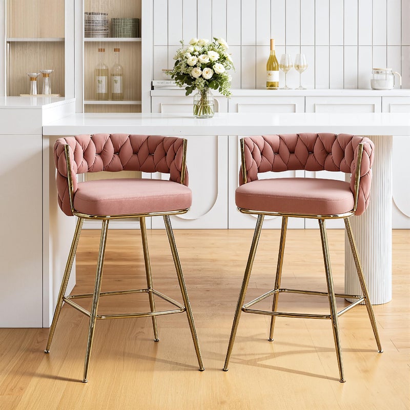 VECELO Bar Stools Set of 2, Counter Height Bar Stools, 26 inch Seat Barstools with Woven Back and Footrest for Kitchen Island Counter, Pink - Image 1