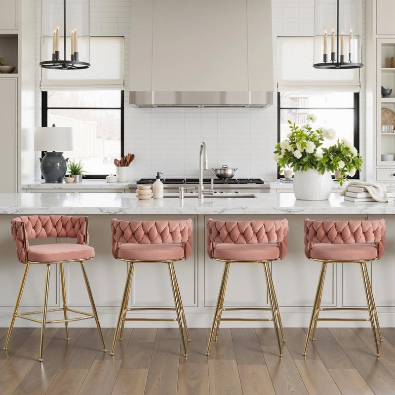 VECELO Bar Stools Set of 2, Counter Height Bar Stools, 26 inch Seat Barstools with Woven Back and Footrest for Kitchen Island Counter, Pink - Image 5