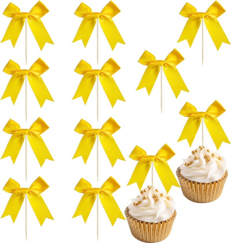 Ephlyn 24Pcs Yellow Bow Cupcake Toppers Bow Cake Topper Birthday Decorations Mini Bowknot Cupcake Picks for Coquette Theme Party Decoration Bachelorette Bridal Engagement Wedding Party Yellow - Image 1