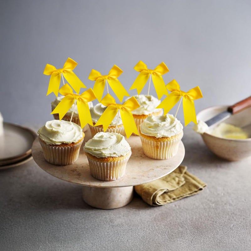 Ephlyn 24Pcs Yellow Bow Cupcake Toppers Bow Cake Topper Birthday Decorations Mini Bowknot Cupcake Picks for Coquette Theme Party Decoration Bachelorette Bridal Engagement Wedding Party Yellow - Image 5