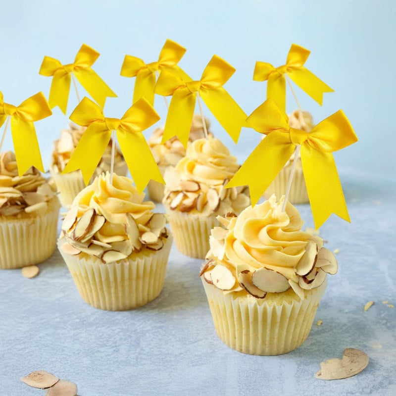 Ephlyn 24Pcs Yellow Bow Cupcake Toppers Bow Cake Topper Birthday Decorations Mini Bowknot Cupcake Picks for Coquette Theme Party Decoration Bachelorette Bridal Engagement Wedding Party Yellow - Image 4
