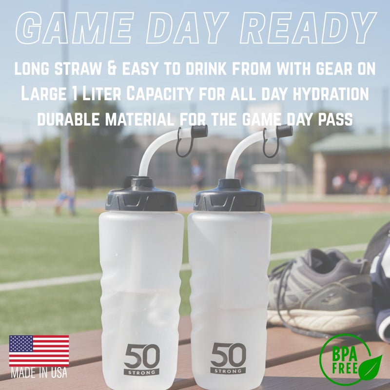 50 Strong 1 Liter Water Bottle with Straw â€“ 2-Pack Easy-Squeeze Sports Bottles with Long Straw & Built-In Finger Grip â€“ BPA-Free â€“ Made in USA â€“ Ideal for Hockey, Football, Lacrosse & Boxing - Image 2