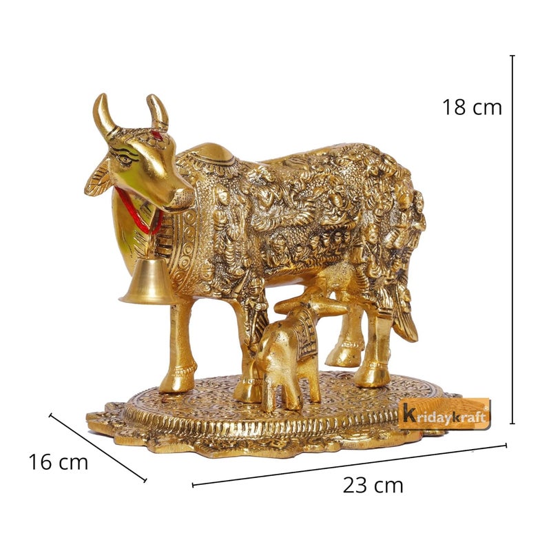 KridayKraft Gold Plated Kamdhenu Cow with Calf Metal Statue for Good Luck Feng Shui Vastu Showpiece As Table Top Religious Idol Gau MATA for Home Office DecorativeAnimal Showpiece - Image 2