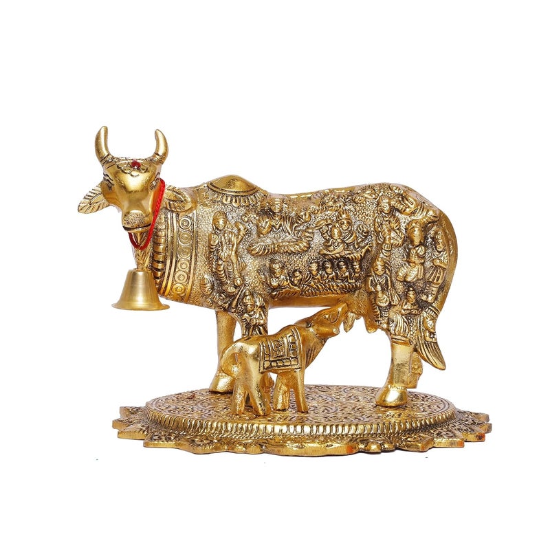KridayKraft Gold Plated Kamdhenu Cow with Calf Metal Statue for Good Luck Feng Shui Vastu Showpiece As Table Top Religious Idol Gau MATA for Home Office DecorativeAnimal Showpiece - Image 3