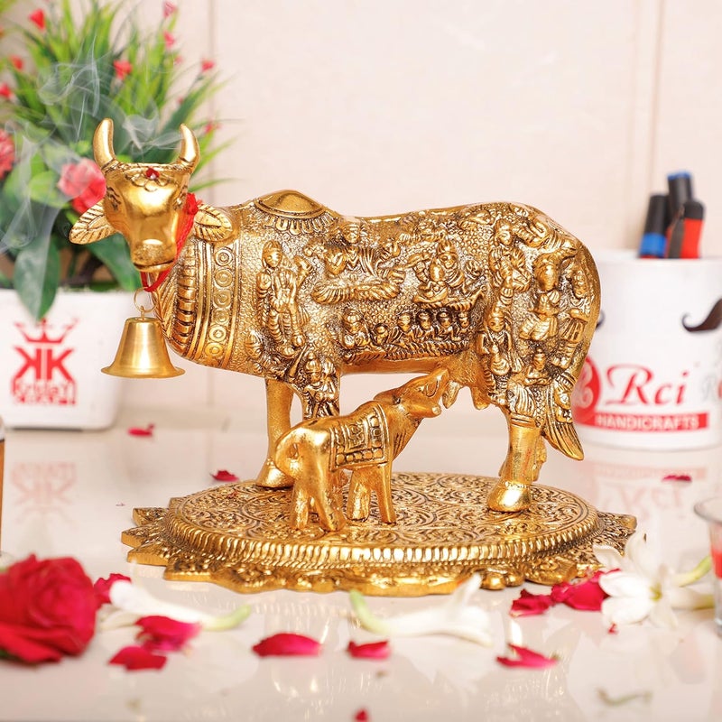 KridayKraft Gold Plated Kamdhenu Cow with Calf Metal Statue for Good Luck Feng Shui Vastu Showpiece As Table Top Religious Idol Gau MATA for Home Office DecorativeAnimal Showpiece - Image 1