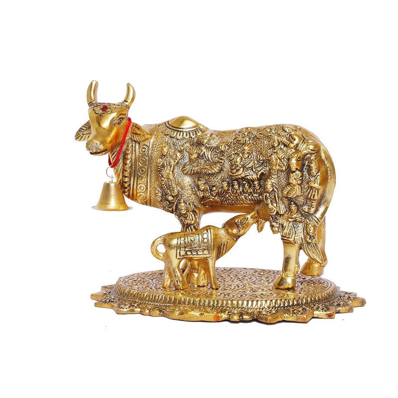 KridayKraft Gold Plated Kamdhenu Cow with Calf Metal Statue for Good Luck Feng Shui Vastu Showpiece As Table Top Religious Idol Gau MATA for Home Office DecorativeAnimal Showpiece - Image 5