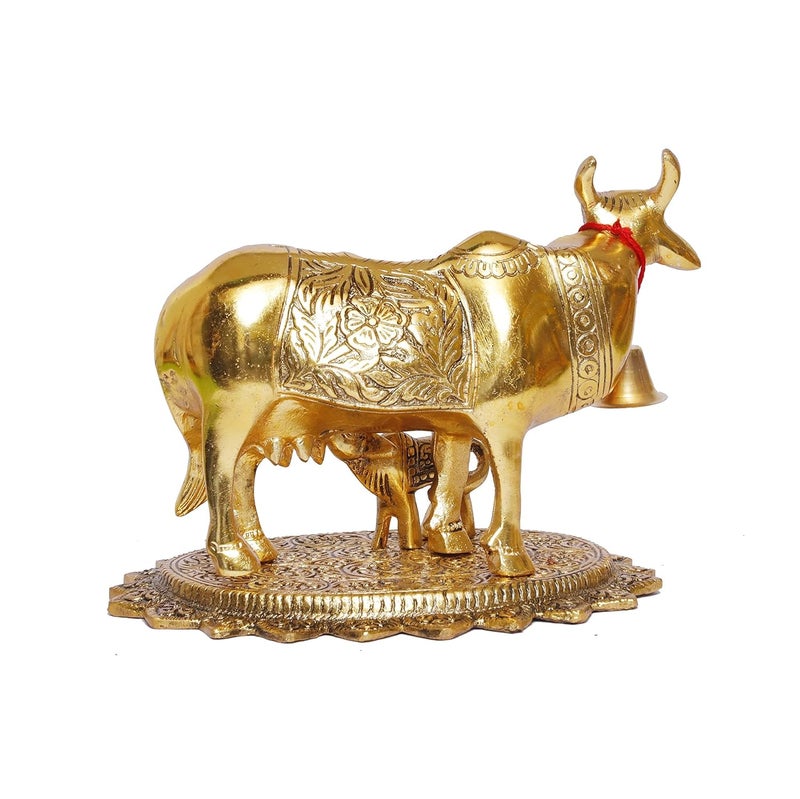 KridayKraft Gold Plated Kamdhenu Cow with Calf Metal Statue for Good Luck Feng Shui Vastu Showpiece As Table Top Religious Idol Gau MATA for Home Office DecorativeAnimal Showpiece - Image 4