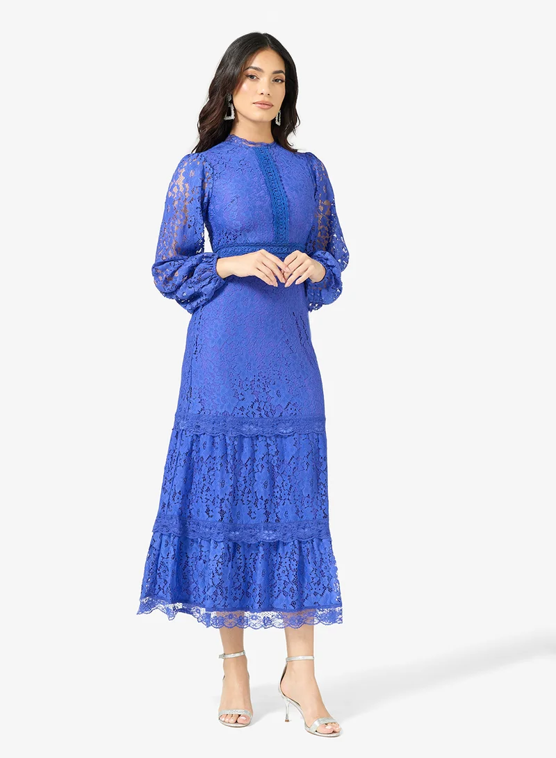 Frock and Frill Lace Detailed Puff Sleeve Midi Dress