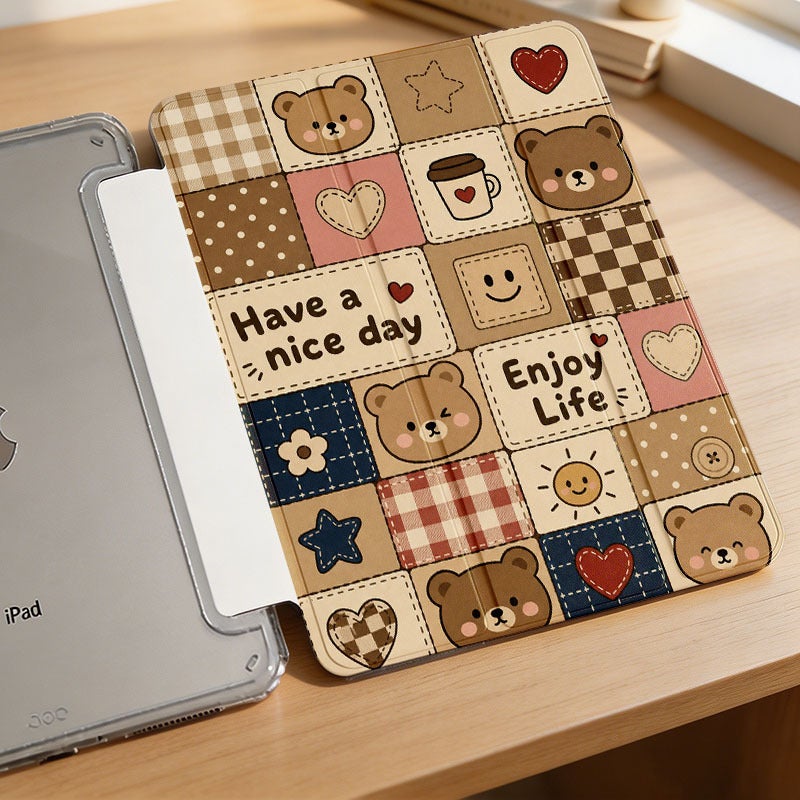 Tablet Case for Samsung Galaxy Tab, Bear Checkerboard Life Slogan, Galaxy Tab Case for S6 S7 S8 S9 S10 Lite FE Plus A8 A9+ A11+, for 10.4 10.5 11 12.4 inch Clear Protective Anti-Drop Cover with Stand - Image 3