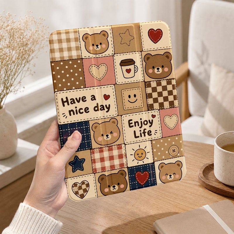 Tablet Case for Samsung Galaxy Tab, Bear Checkerboard Life Slogan, Galaxy Tab Case for S6 S7 S8 S9 S10 Lite FE Plus A8 A9+ A11+, for 10.4 10.5 11 12.4 inch Clear Protective Anti-Drop Cover with Stand - Image 1