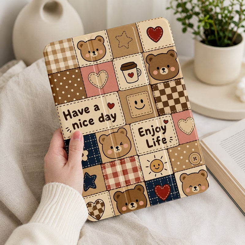 Tablet Case for Samsung Galaxy Tab, Bear Checkerboard Life Slogan, Galaxy Tab Case for S6 S7 S8 S9 S10 Lite FE Plus A8 A9+ A11+, for 10.4 10.5 11 12.4 inch Clear Protective Anti-Drop Cover with Stand - Image 4