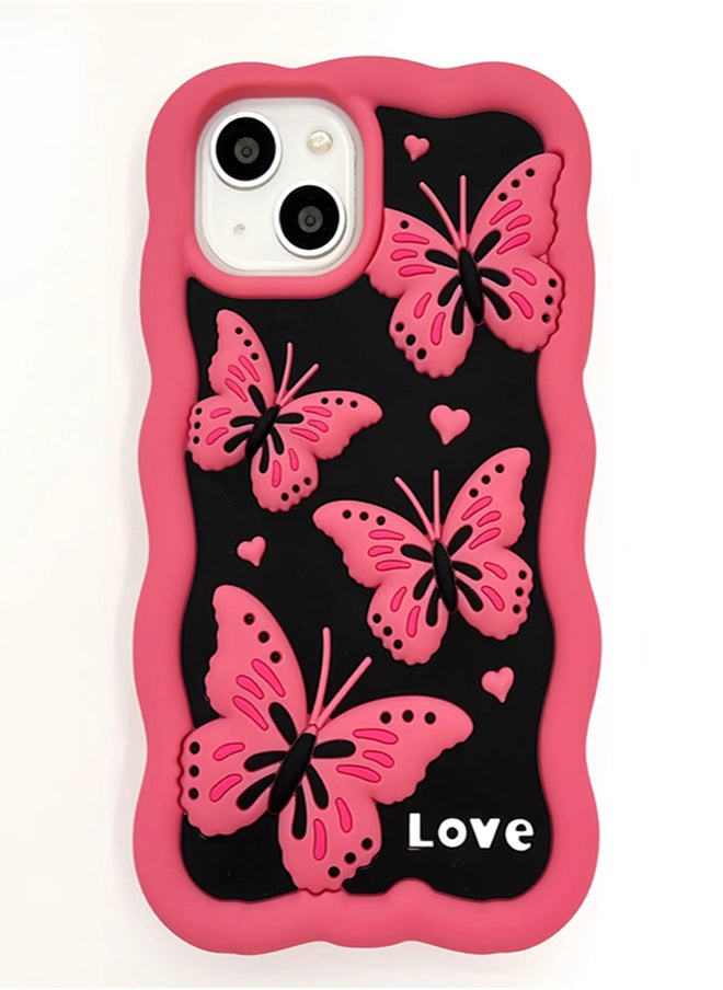 Generic - Lovely Cute Pink Butterfly Silicone Mobile Phone Case For iPhone 14 luxury Pink Soft Silicone Protection Back Cover With Curly Wave Frame For iPhone 14 - Pink - Image 1