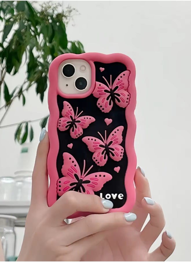 Generic - Lovely Cute Pink Butterfly Silicone Mobile Phone Case For iPhone 14 luxury Pink Soft Silicone Protection Back Cover With Curly Wave Frame For iPhone 14 - Pink - Image 1