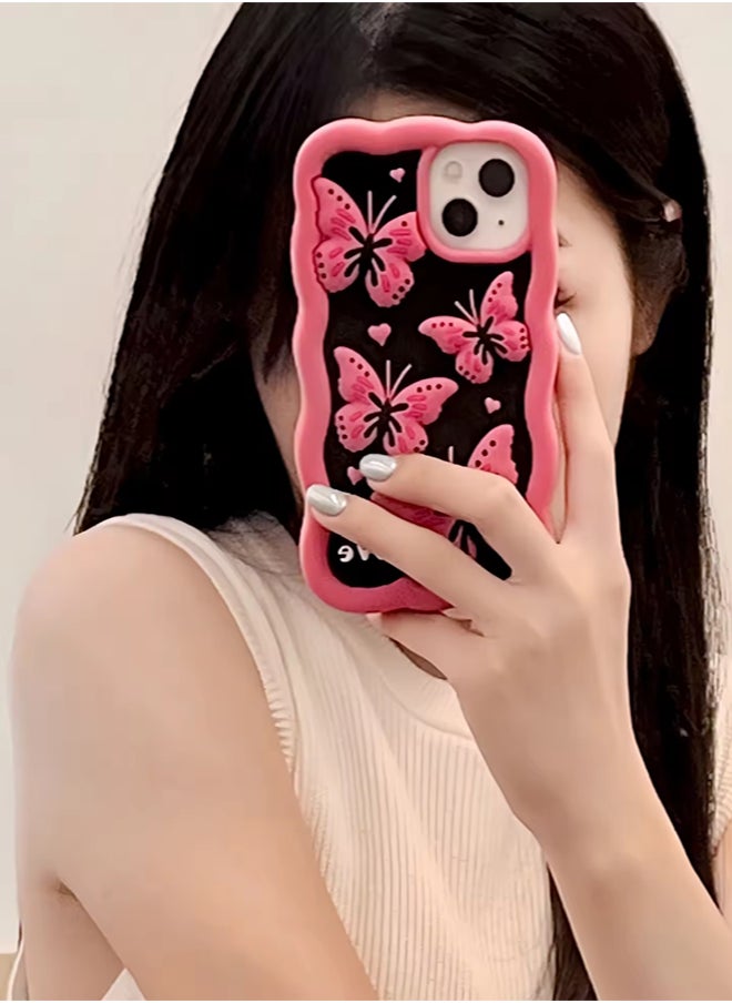 Generic - Lovely Cute Pink Butterfly Silicone Mobile Phone Case For iPhone 14 luxury Pink Soft Silicone Protection Back Cover With Curly Wave Frame For iPhone 14 - Pink - Image 1