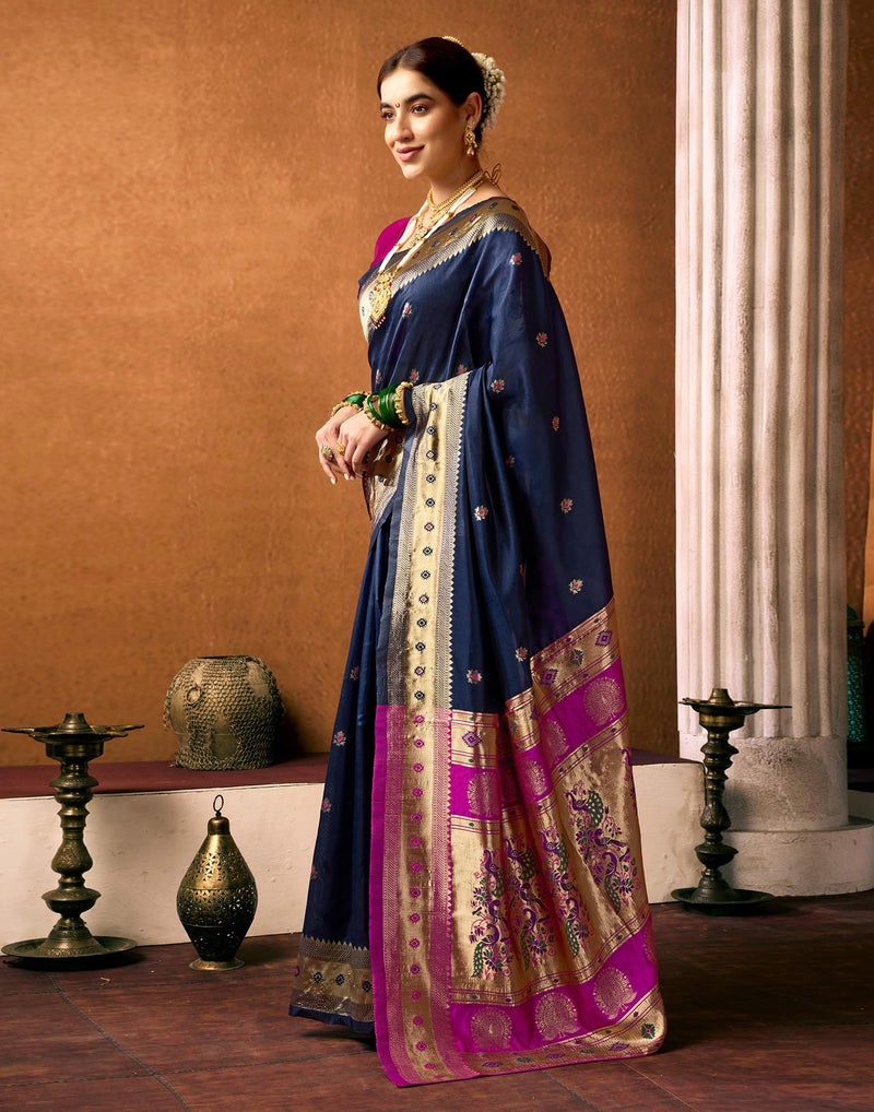 SIRIL Women's Paithani Soft Silk Saree Pure Banarasi Silk Saree with Unstitched Blouse Piece (4360S936_Dark Blue) - Image 2