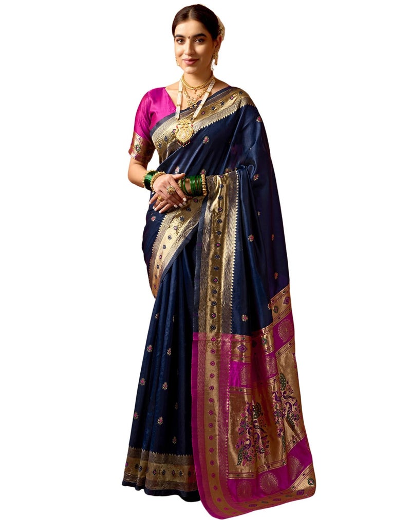 SIRIL Women's Paithani Soft Silk Saree Pure Banarasi Silk Saree with Unstitched Blouse Piece (4360S936_Dark Blue) - Image 1