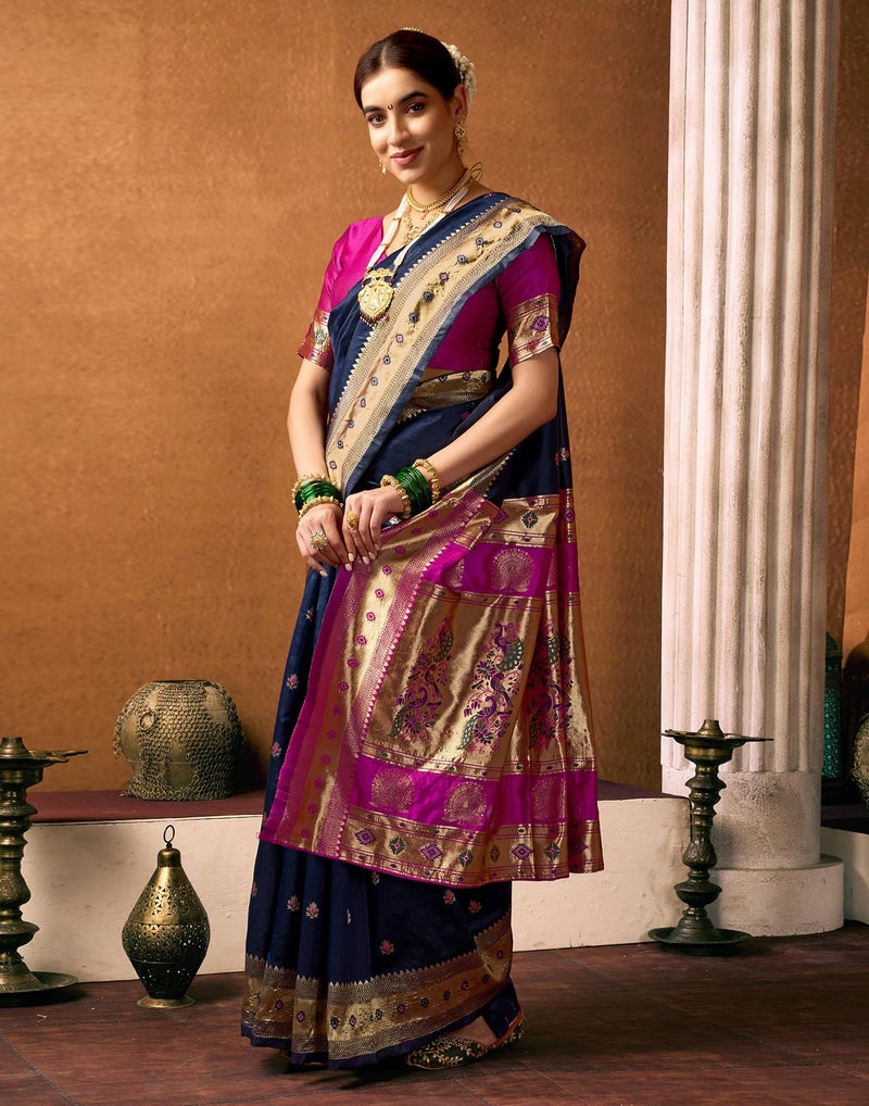 SIRIL Women's Paithani Soft Silk Saree Pure Banarasi Silk Saree with Unstitched Blouse Piece (4360S936_Dark Blue) - Image 3