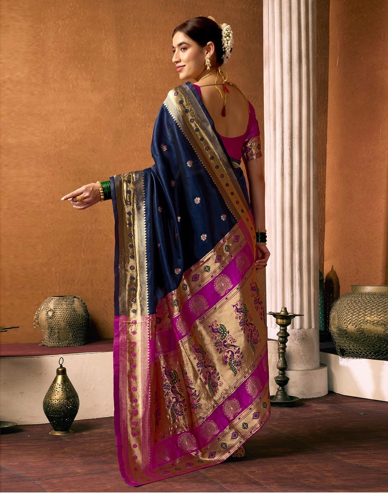 SIRIL Women's Paithani Soft Silk Saree Pure Banarasi Silk Saree with Unstitched Blouse Piece (4360S936_Dark Blue) - Image 4