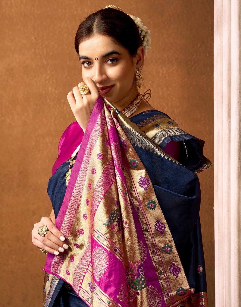 SIRIL Women's Paithani Soft Silk Saree Pure Banarasi Silk Saree with Unstitched Blouse Piece (4360S936_Dark Blue) - Image 5