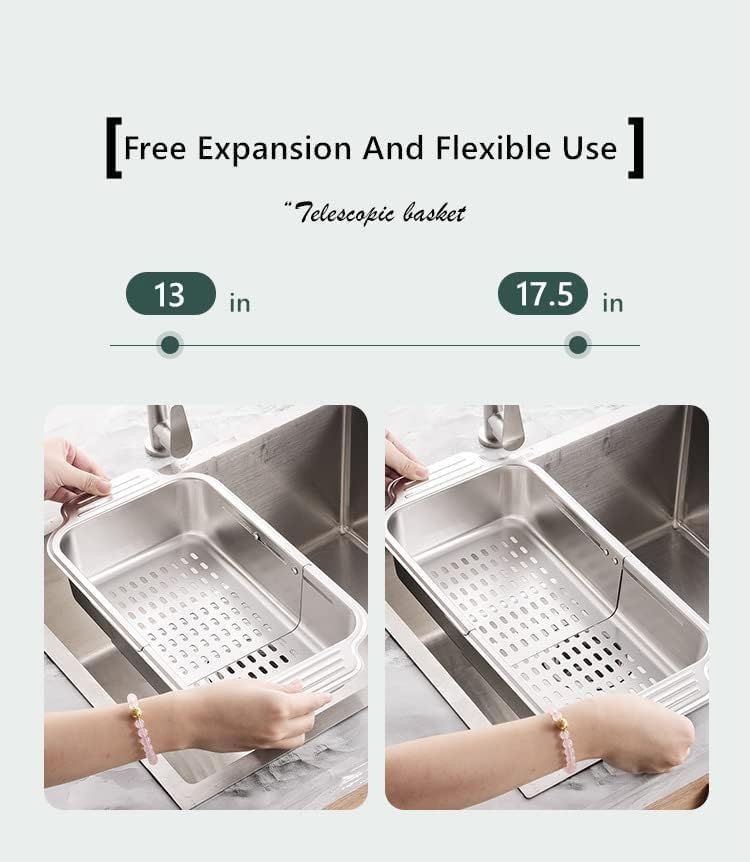 KRESHU 17.5Inch Supply Over Sink Kitchen Expandable Strainer | Stainless Steel Retractable Sink Draining Basket Wash Vegetables & Fruits | Drain Pasta & Dry Dishes Evenly Spaced Holes (Pack of 1) - Image 5