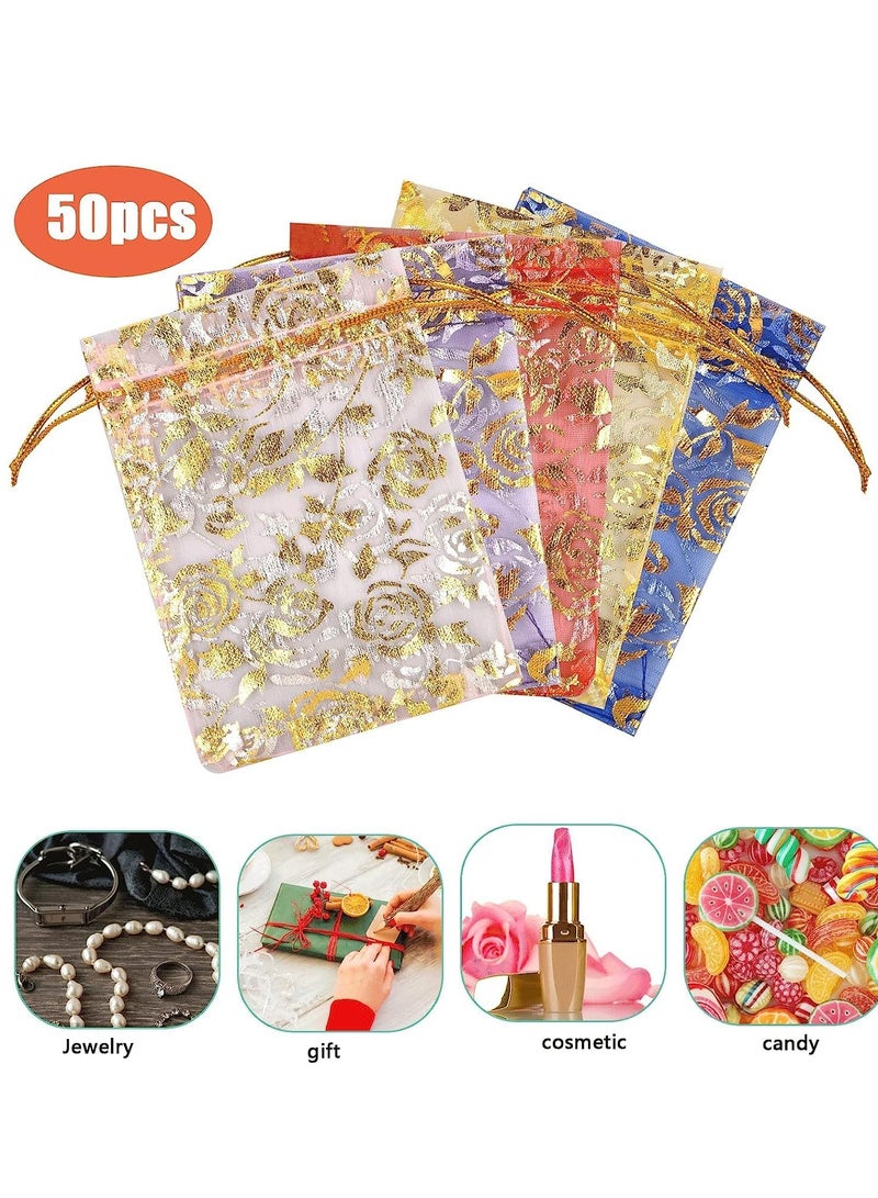 SYOSI 50Pcs Organza Gift Bags 9 x 12 cm Multicolored Rose Flower Small Favour Jewelry Pouches with Drawstring for Wedding Baby Shower Mesh Jewellery Bag Anniversary Party  - Image 2