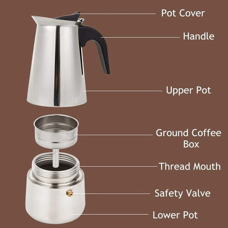 R RUNILEX صانعة الإسبريسو من الفولاذ المقاوم للصدأ موكا بوت (فضي) (200 مل - 4 أكواب) - Image 3