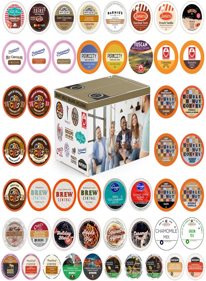 Perfect Samplers مجموعة متنوعة من كبسولات الشاي، وعصير التفاح، والشوكولاتة الساخنة، والكابتشينو، والقهوة، بالإضافة إلى عبوة متنوعة من كبسولات القهوة الفردية وكبسولات كيوريج، طقم هدايا قهوة، 50 كبسولة - Image 1