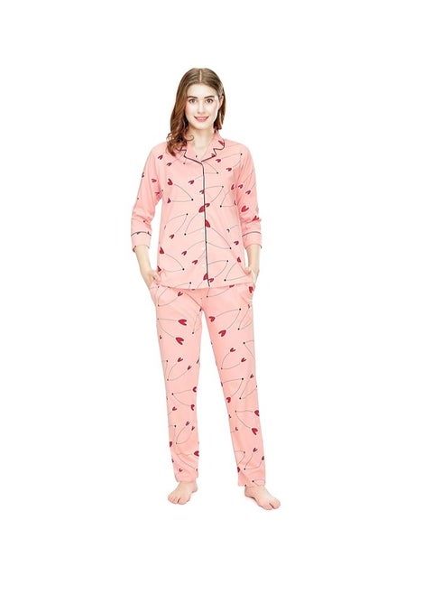 Night Suit for Women's Heart Printed Cotton Night Dress of Shirt and Pajama Set