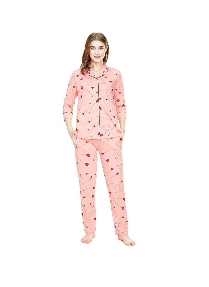 Accessorize Kingdom - Night Suit for Women's Heart Printed Cotton Night Dress of Shirt and Pajama Set - Image 1