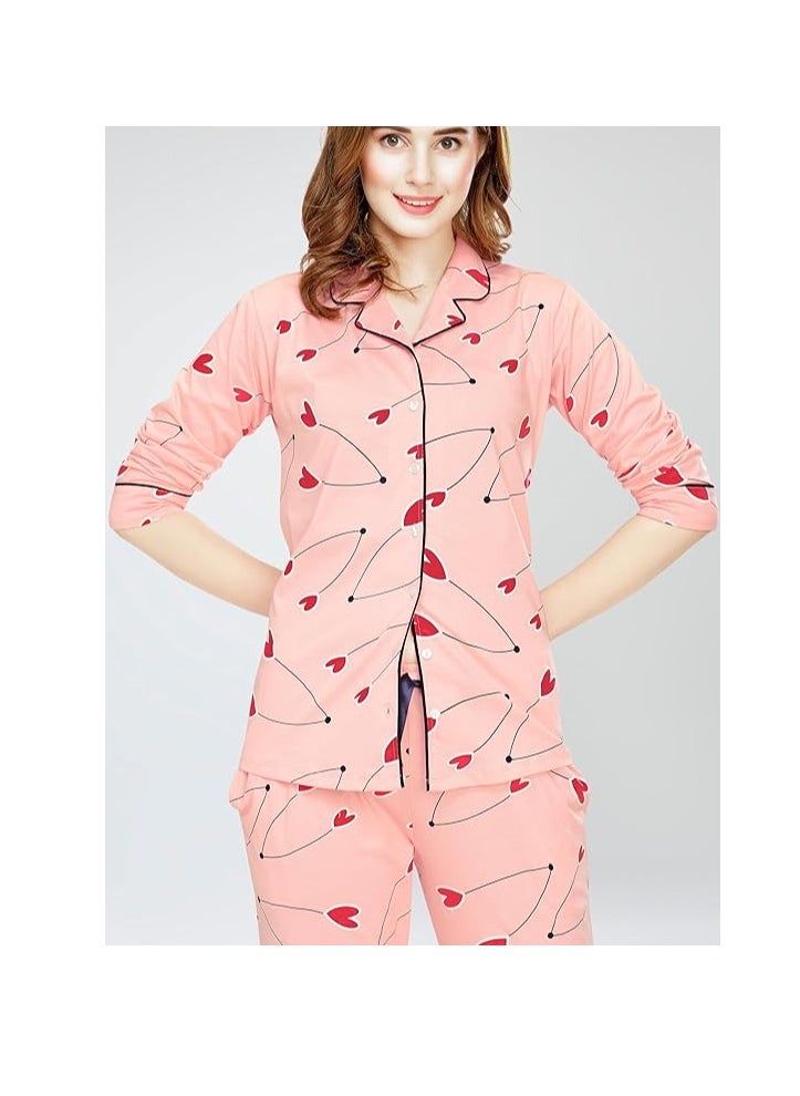 Accessorize Kingdom - Night Suit for Women's Heart Printed Cotton Night Dress of Shirt and Pajama Set - Image 1