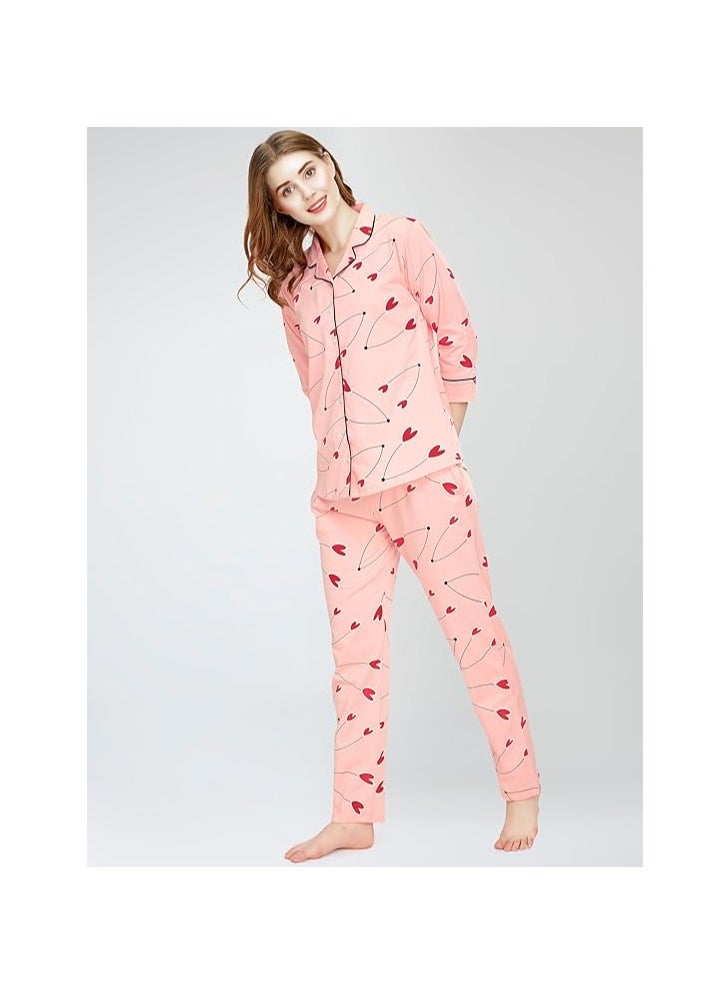 Accessorize Kingdom - Night Suit for Women's Heart Printed Cotton Night Dress of Shirt and Pajama Set - Image 1