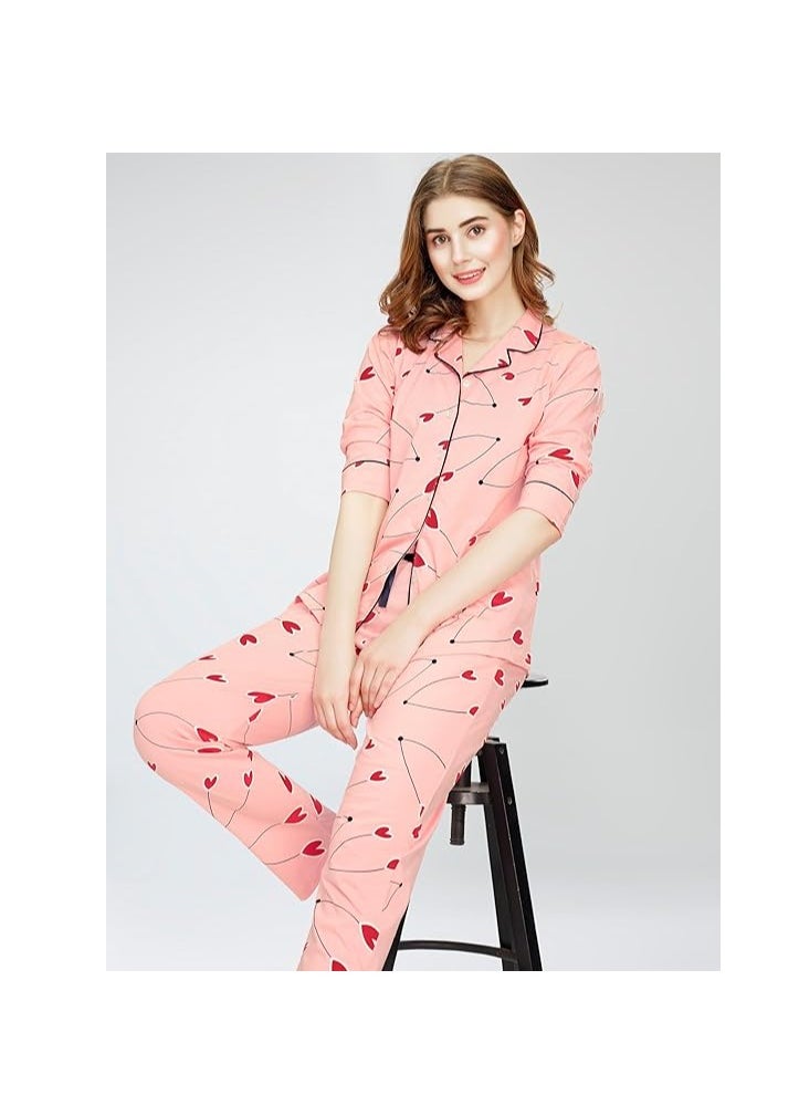 Accessorize Kingdom - Night Suit for Women's Heart Printed Cotton Night Dress of Shirt and Pajama Set - Image 1
