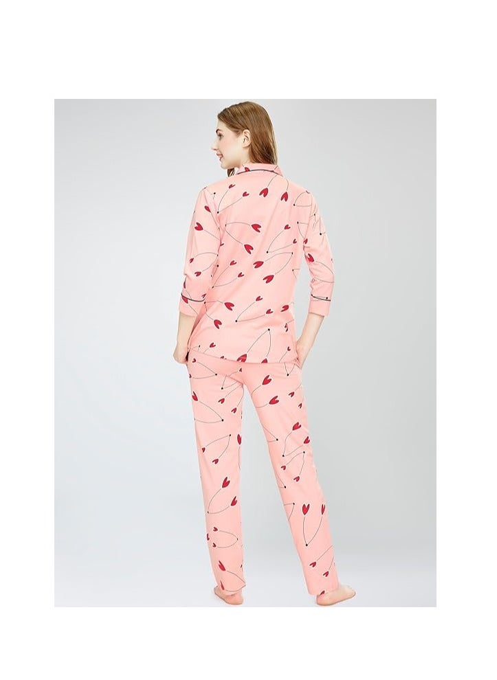 Accessorize Kingdom - Night Suit for Women's Heart Printed Cotton Night Dress of Shirt and Pajama Set - Image 1