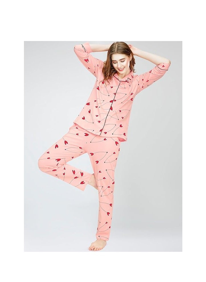 Accessorize Kingdom - Night Suit for Women's Heart Printed Cotton Night Dress of Shirt and Pajama Set - Image 1