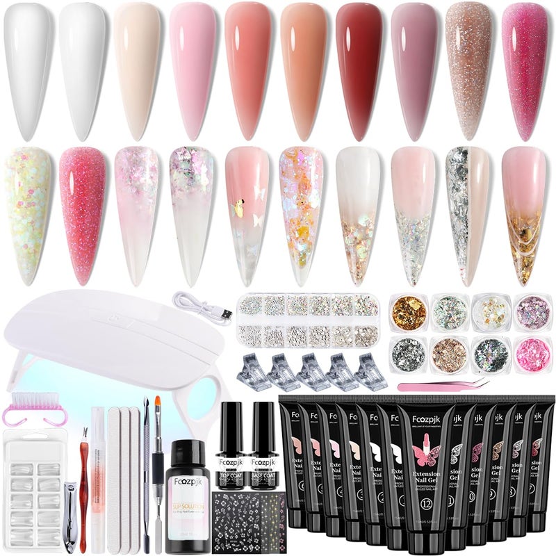Fcozpjk Poly Gel Nail Kit with UV Light, 12 Colors Builder Gel Nail Extension Kits for Beginners with Everything, Dual Nail Forms Slip Solution Chunky Glitter Poly Gels Nails Art Design Starter Set - Image 1