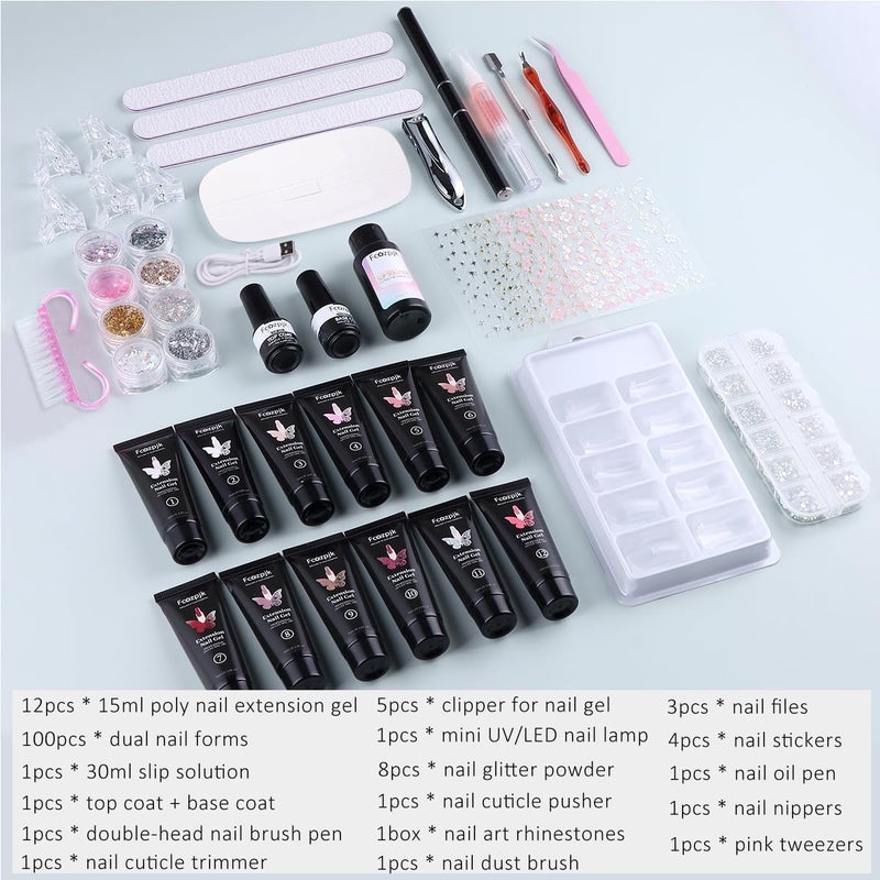 Fcozpjk Poly Gel Nail Kit with UV Light, 12 Colors Builder Gel Nail Extension Kits for Beginners with Everything, Dual Nail Forms Slip Solution Chunky Glitter Poly Gels Nails Art Design Starter Set - Image 2