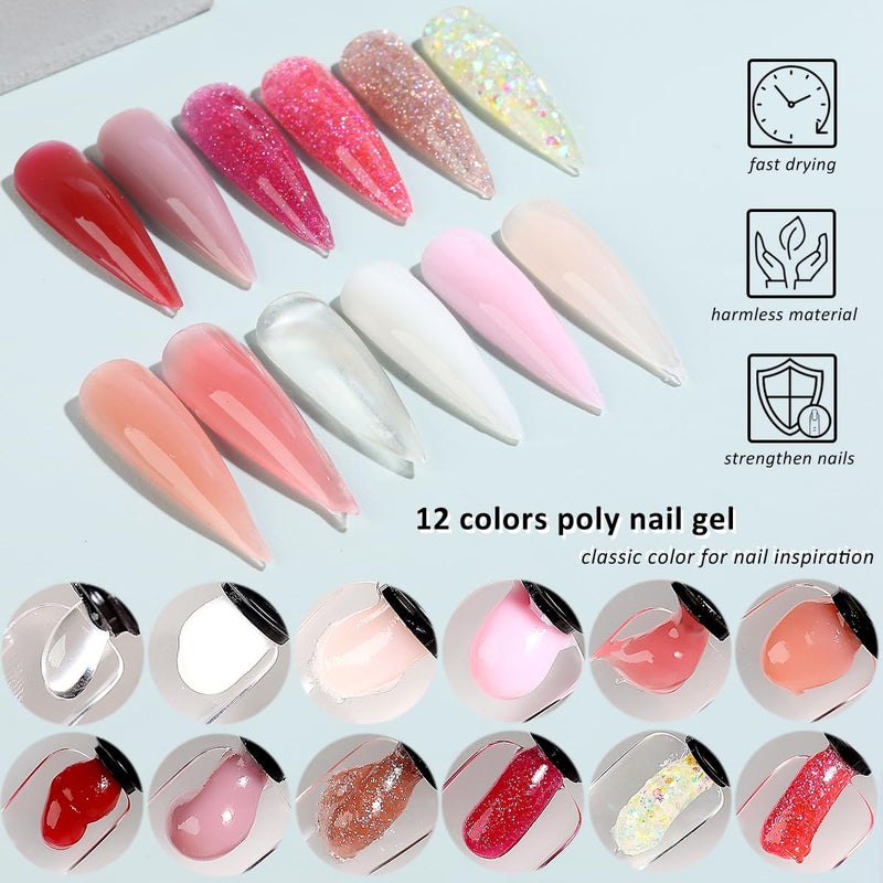 Fcozpjk Poly Gel Nail Kit with UV Light, 12 Colors Builder Gel Nail Extension Kits for Beginners with Everything, Dual Nail Forms Slip Solution Chunky Glitter Poly Gels Nails Art Design Starter Set - Image 3
