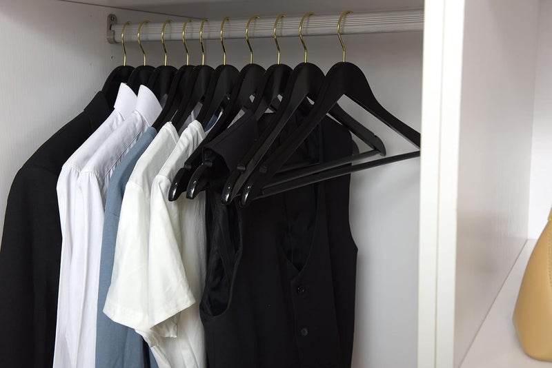 Quality Hangers Quality Black Wooden Hangers - Slightly Curved Hanger Set of 30-Pack - Solid Wood Coat Hangers with Stylish Chrome Hooks - Heavy-Duty Clothes, Jacket, Shirt, Pants, Suit Hangers (Black-Gold Hook, 30) - Image 4