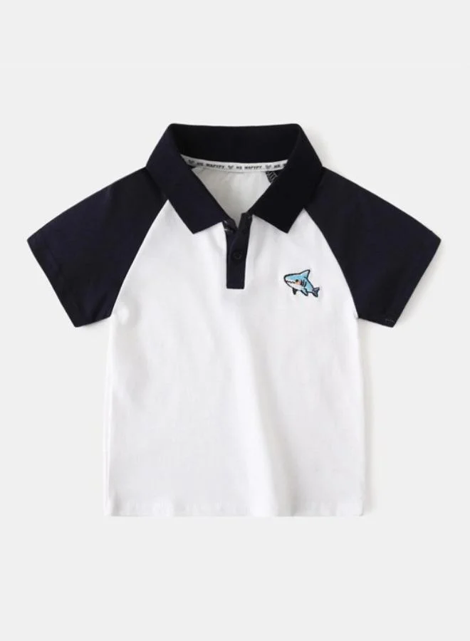 يونيكي White Polo Collar Short Sleeve Applique Tshirt & Shorts