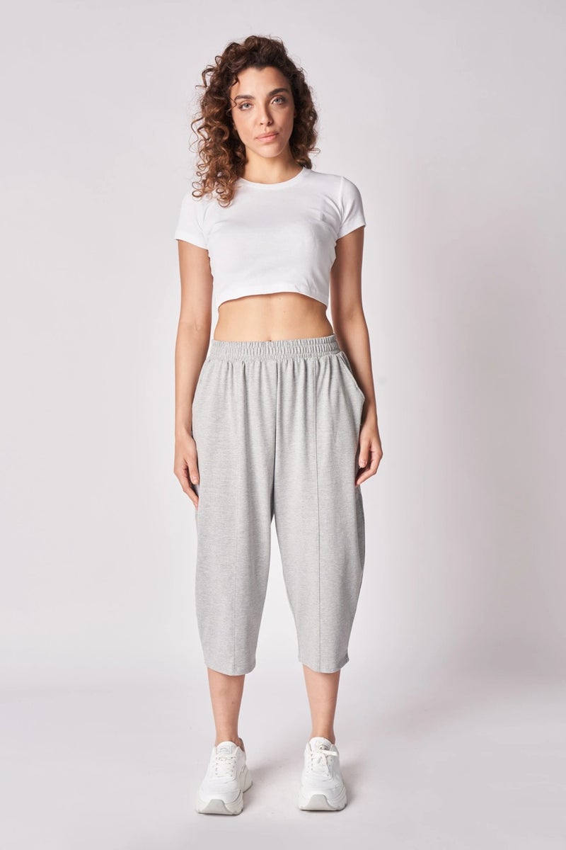 Defy's Women's Elastic Waist Stitch Detailed Shalwar Trousers Gray Melange  - Image 1