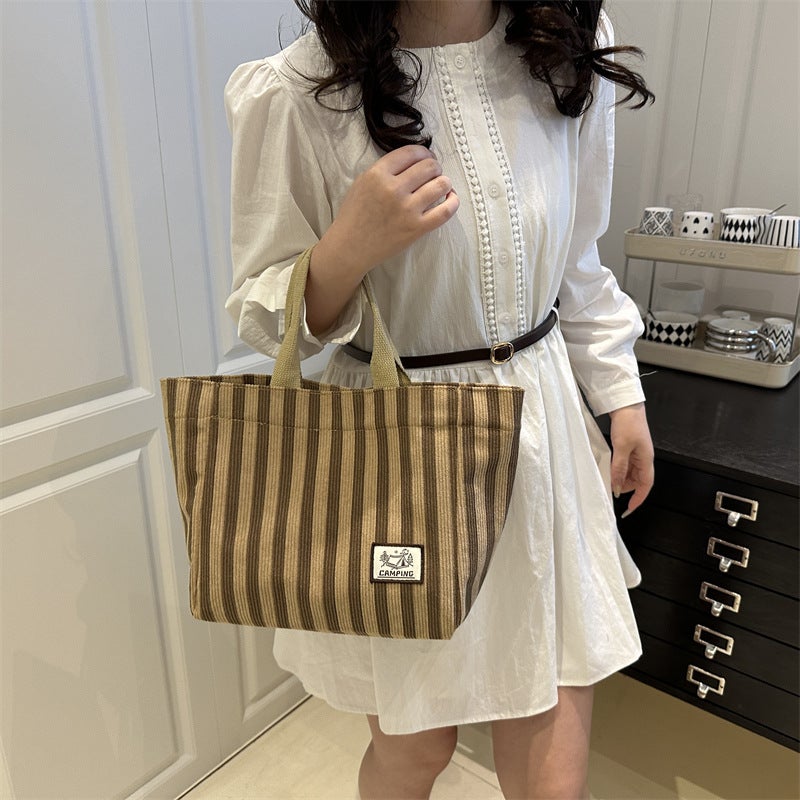 Style Striped Cloth Tote Bag Fashion New Style Small Bag Portable Women'S Bag For Work Hand Carrying Lunch Box Bag Food Bag - Image 3