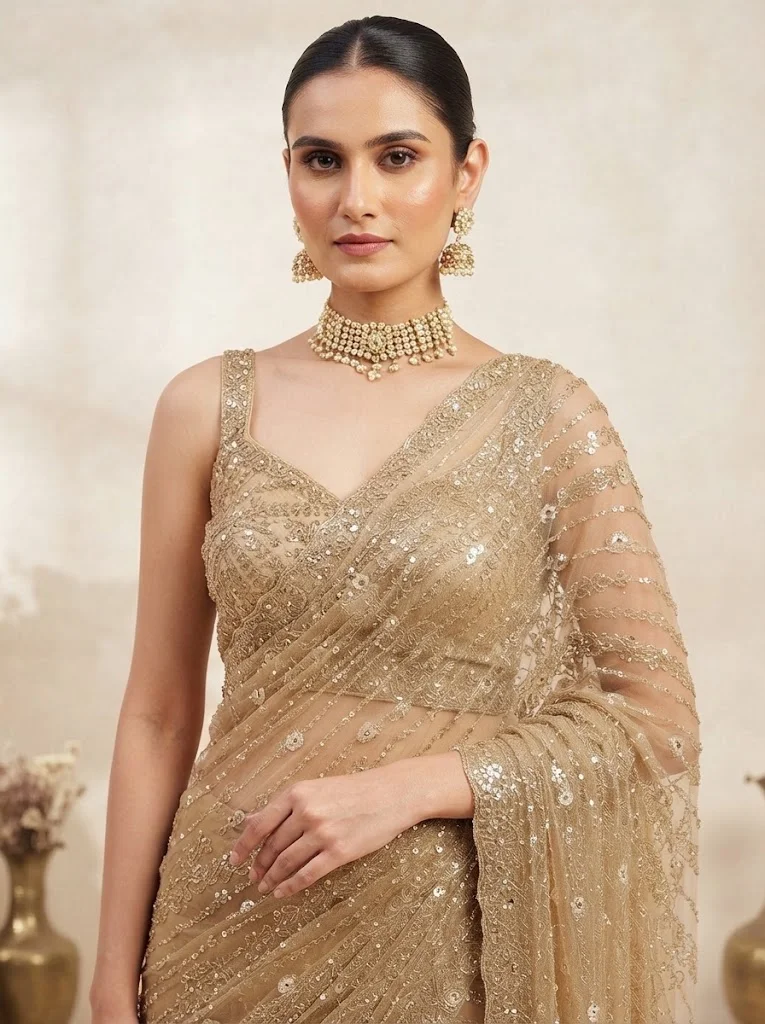 Viny VINY Gold 2-Piece Sequin Embellished Saree Set – Women's Indian Ethnic Wear