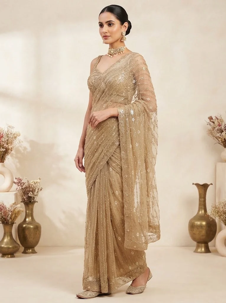 Viny VINY Gold 2-Piece Sequin Embellished Saree Set – Women's Indian Ethnic Wear