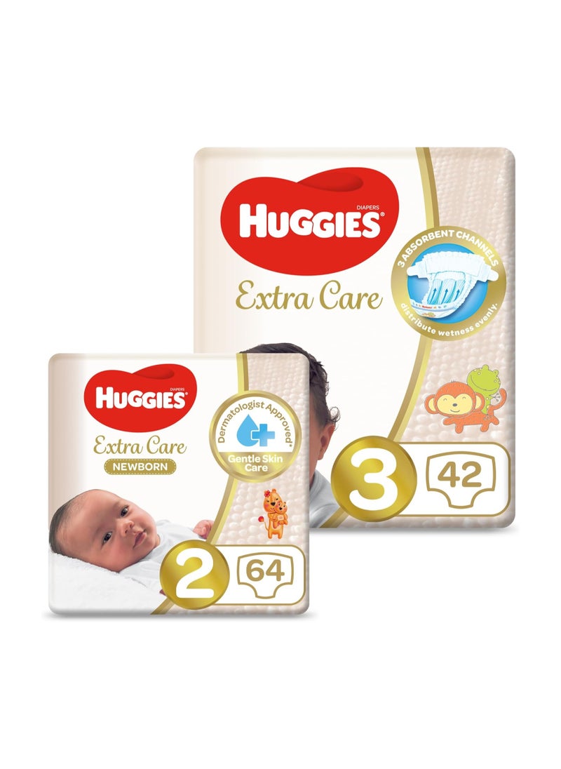 Huggies Extra Care Upsize Pack (Size 2-64 Diapers) and (Size 3-42 Diapers)-128 Diapers  - Image 1